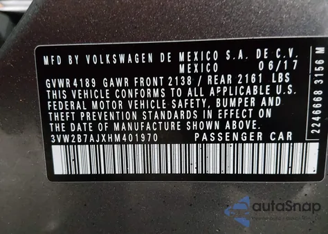 2017 Volkswagen Jetta 1.4T S z USA, uszkodzony, nr VIN 3VW2B7AJXHM401970